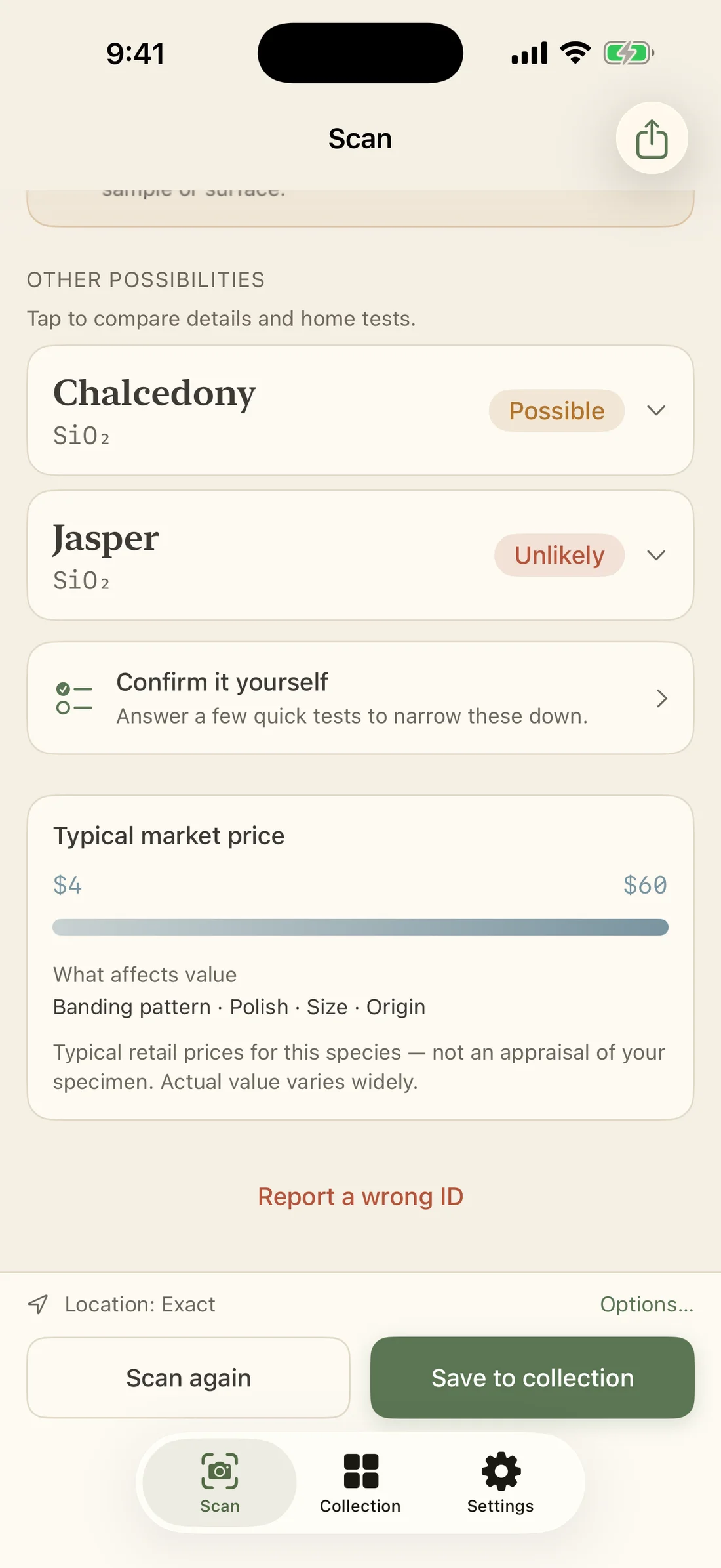 Example alternatives: chalcedony labeled Possible and jasper labeled Unlikely