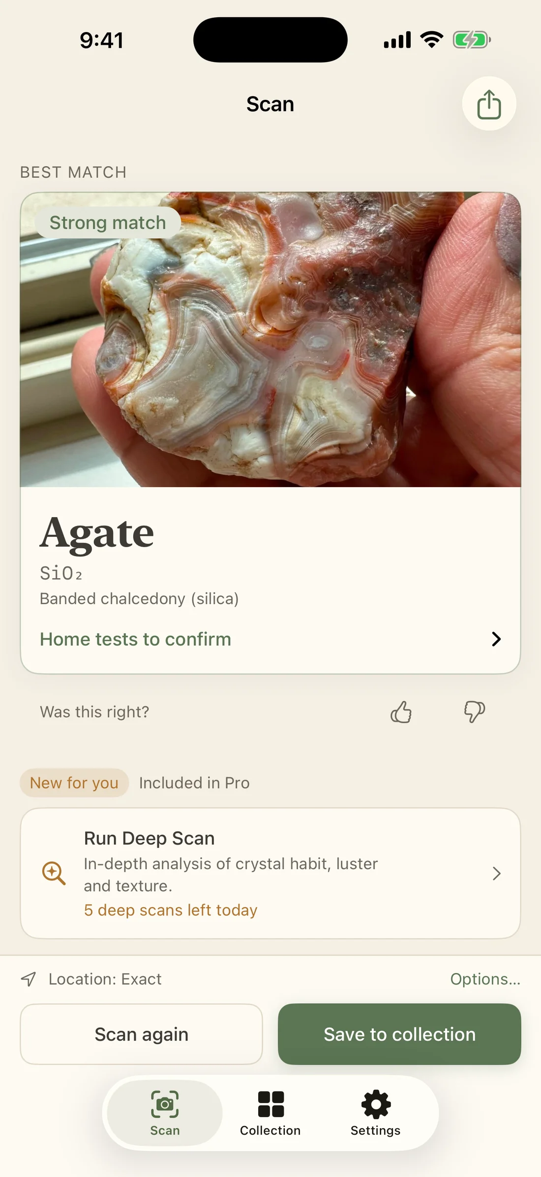 RockLens example result showing agate as a strong match, with its photo, formula and home tests